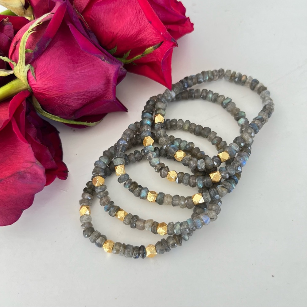 Set Of 5 Dainty Labradorite Gemstone Gold Accent Stack Bracelet